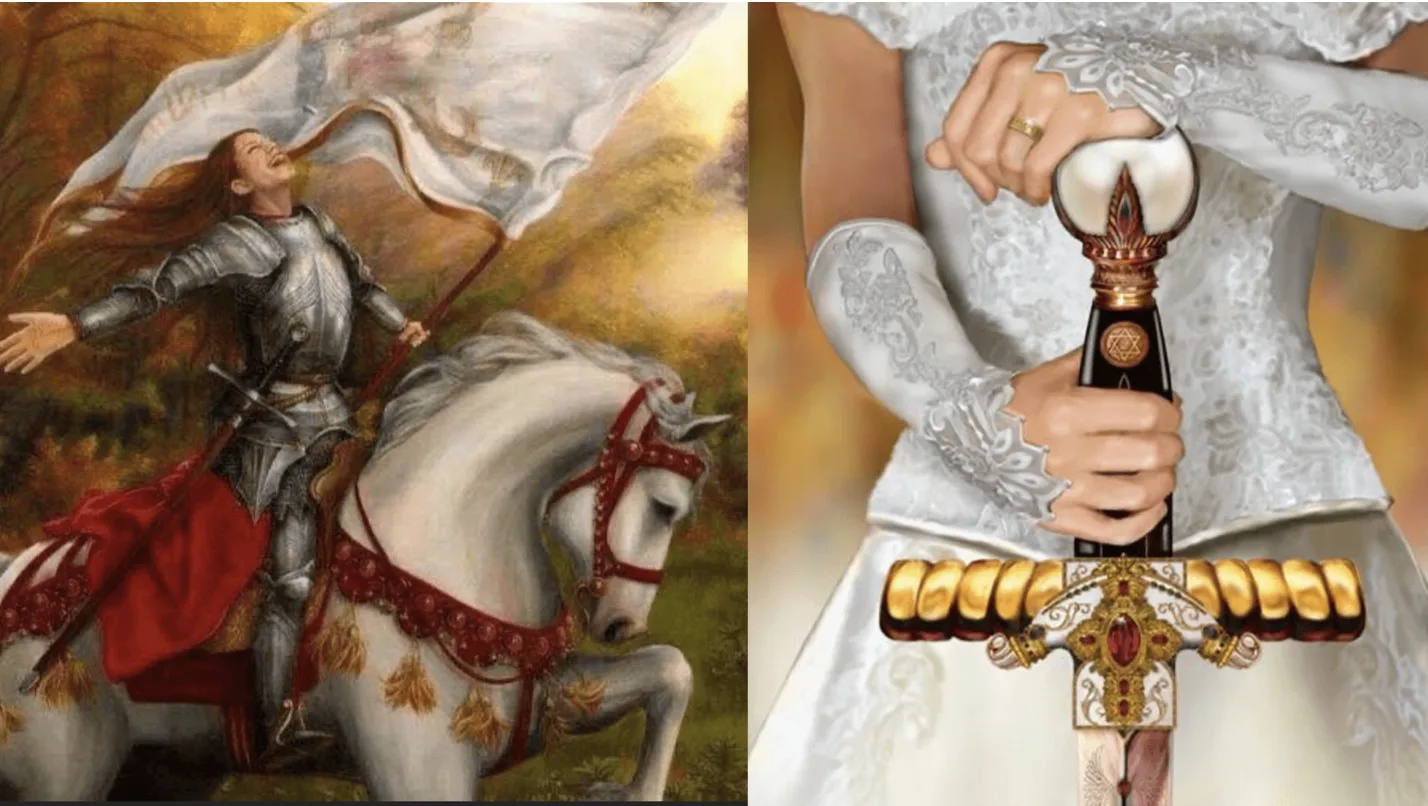 The Bride of Christ as a warrior — a rider with a banner and a bride holding a sword